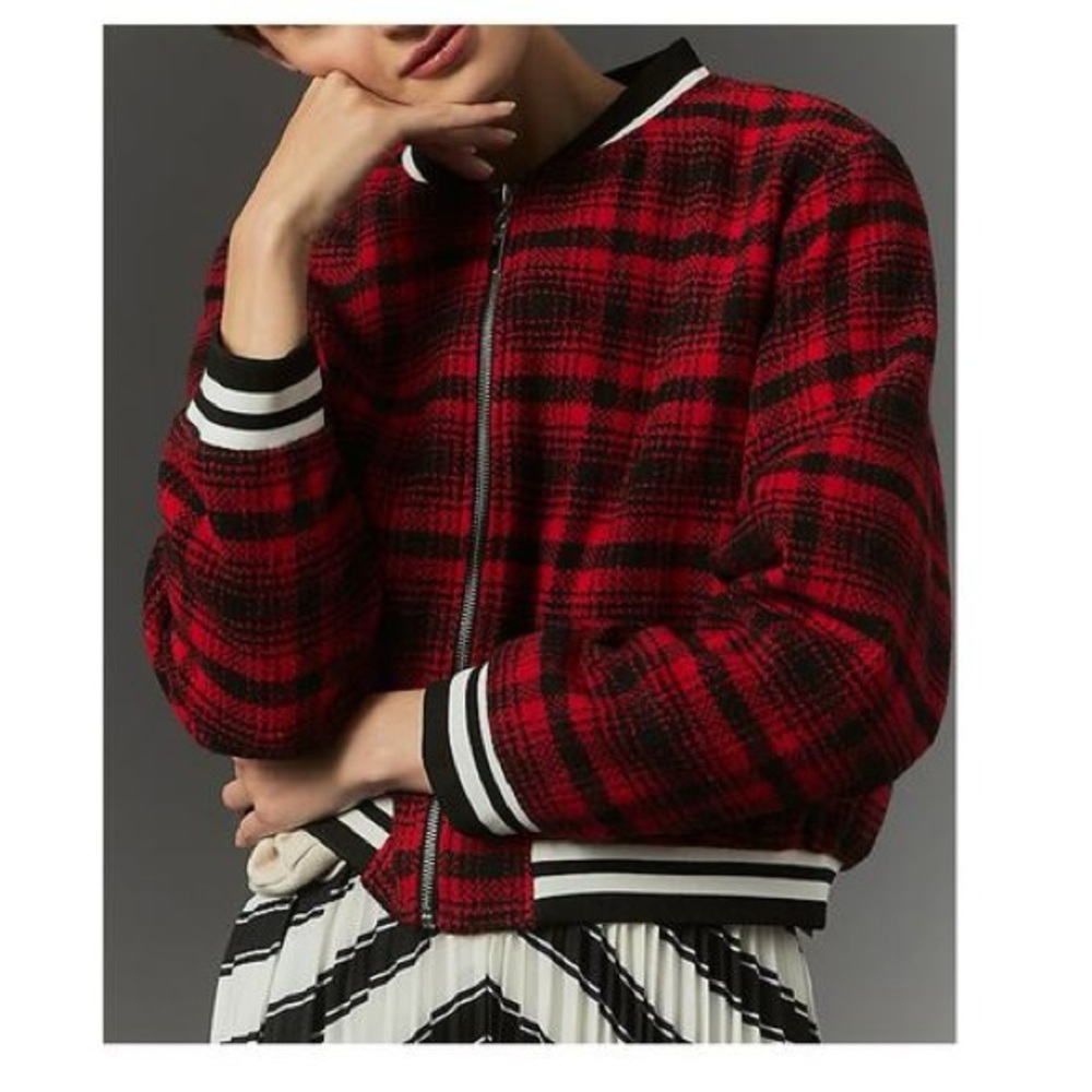 Maeve Plaid Tweed Sporty Bomber Jacket